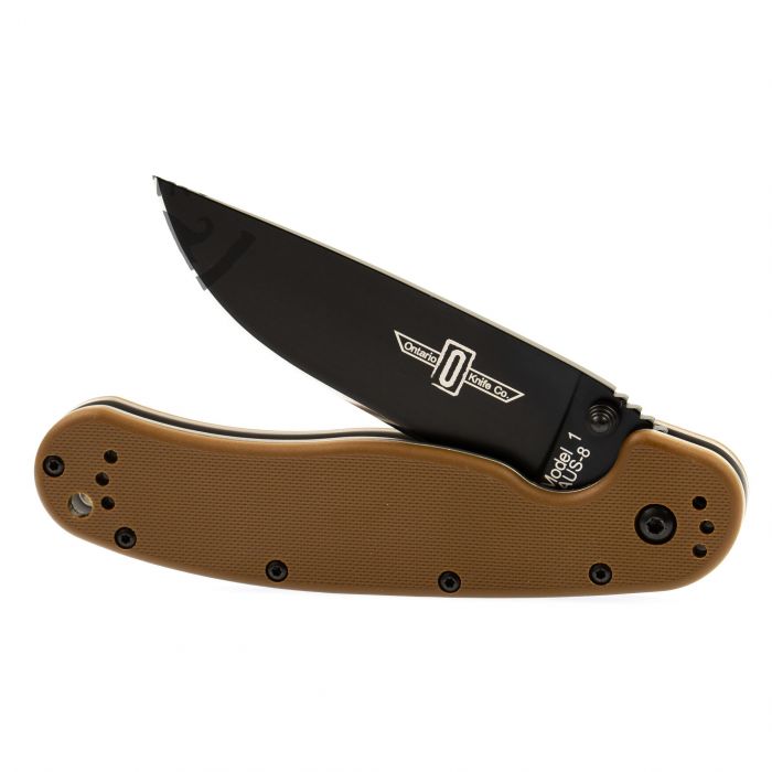 Нож складной Ontario RAT-1, сталь Aus-8. Клинок - Black, Рукоять - Brown GRN